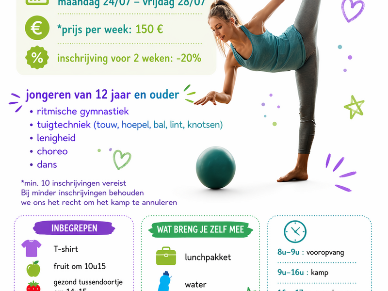 Kamp voor jongeren vanaf 12 jaar met basiservaring gymnastiek/dans - ritmische gymnastiek